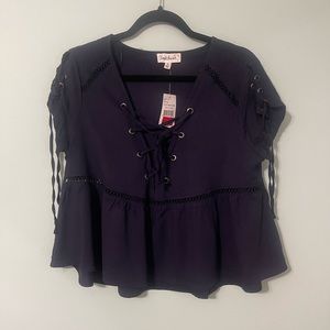 NEW Cloud Chaser Navy Blue V-Neck Corset Tie Peplum Hem Oversized Crop Top